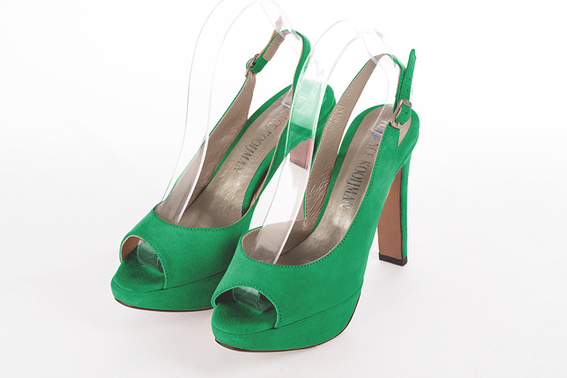 Emerald green women's slingback sandals. Round toe. Very high slim heel with a platform at the front. Front view - Florence KOOIJMAN